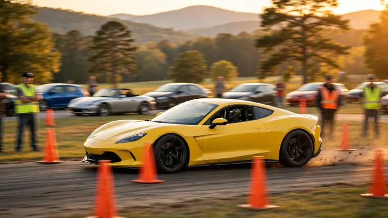Sports car driving through an autocross cone course at a North Carolina club event