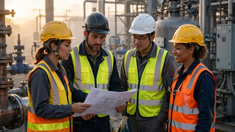 Energy services field team in safety gear reviewing work plans beside industrial equipment at sunrise