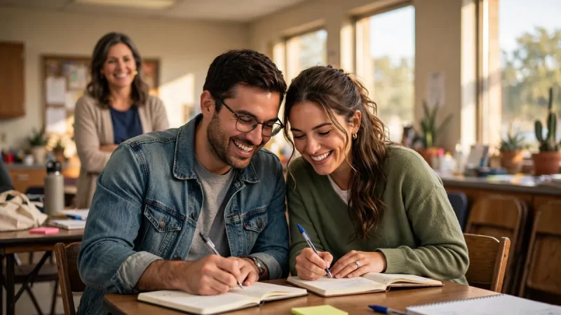 Engaged couple attending a Texas premarital education course together in a bright classroom