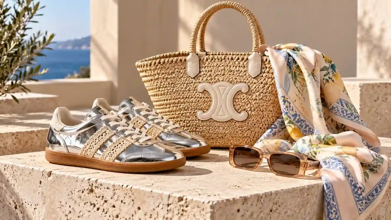 The Best Fashion Launches of June 2023 featuring silver metallic sneakers and raffia designer bags