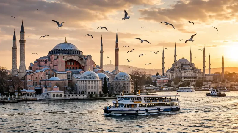 Istanbul skyline with Hagia Sophia and the Blue Mosque above the Bosphorus at golden hour