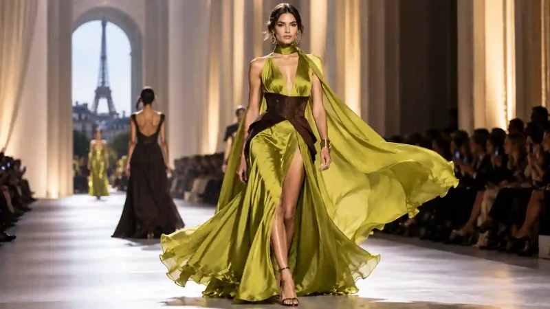 The Unexpected Color Dominating Paris Fashion Week featuring a model in a vibrant chartreuse runway gown