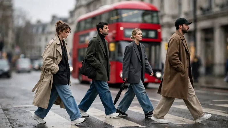 London pedestrians wearing trench coats, oversized tailoring, and wide-leg denim on a city street