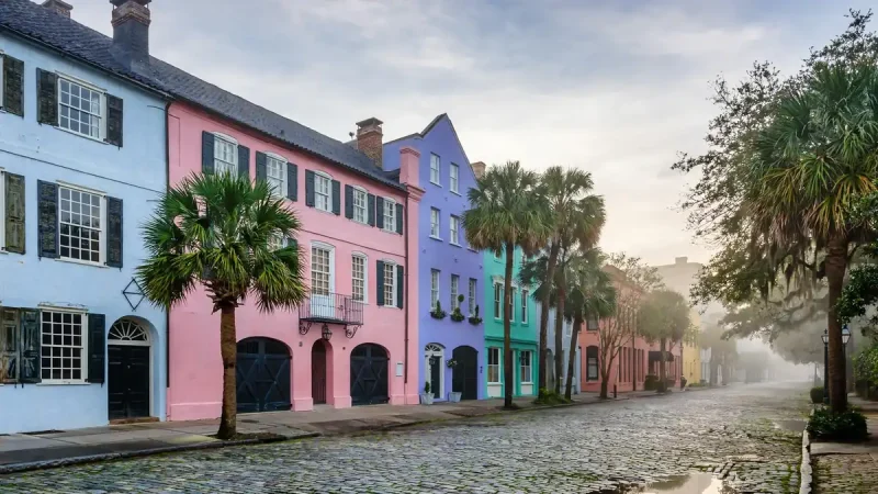 Pastel Rainbow Row houses on East Bay Street in historic Charleston South Carolina