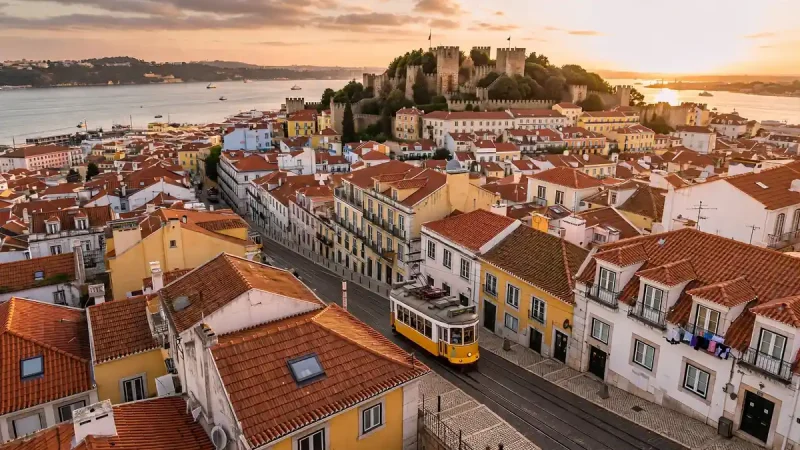 Yellow tram climbing through Alfama with Lisbon rooftops and the Tagus River behind