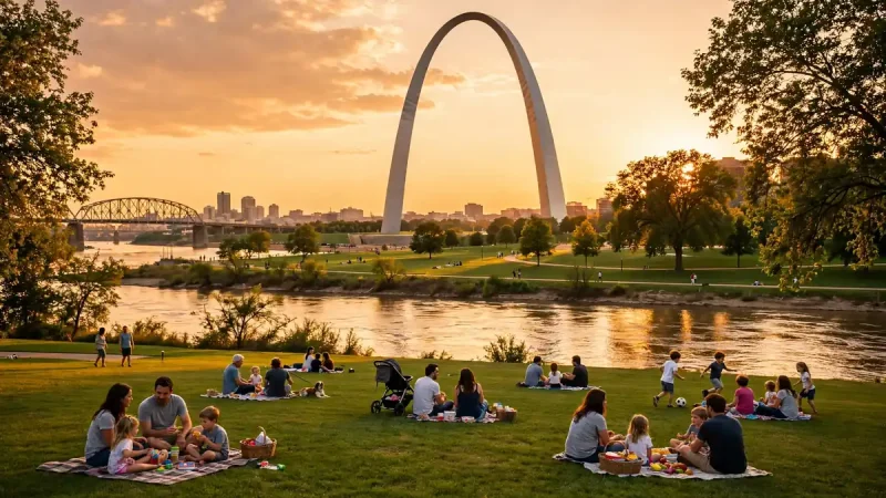 Gateway Arch above the Mississippi riverfront in St Louis at golden hour