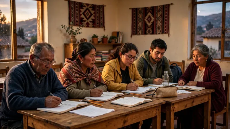 Adult learners studying together in a CEBA alternative basic education classroom in Peru