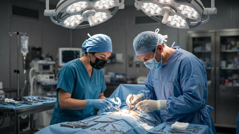 Travel RNFA surgical first assistant nurse assisting during an operation in a hospital theatre