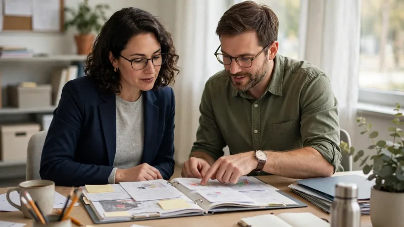 Educational diagnostician reviewing assessment notes with a teacher at a school office table