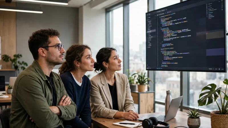 Development team reviewing code together on a large screen while adopting PX technology workflows