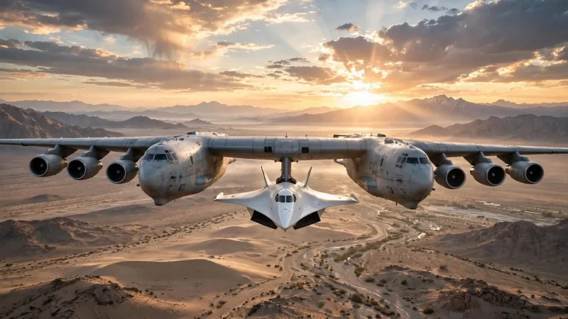 Spaceplane carried by a carrier aircraft above a desert at sunrise before a suborbital flight