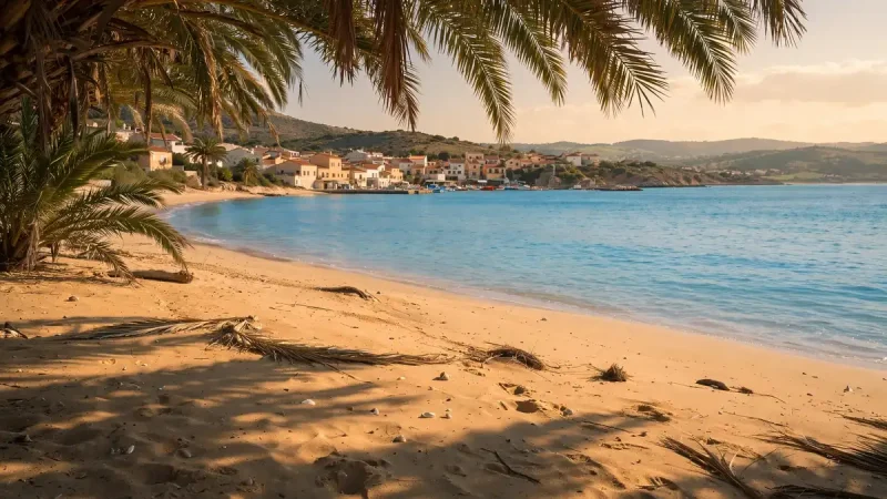 Turquoise water and golden sand at a sunny coastal town, one of the warm places to visit this time of year