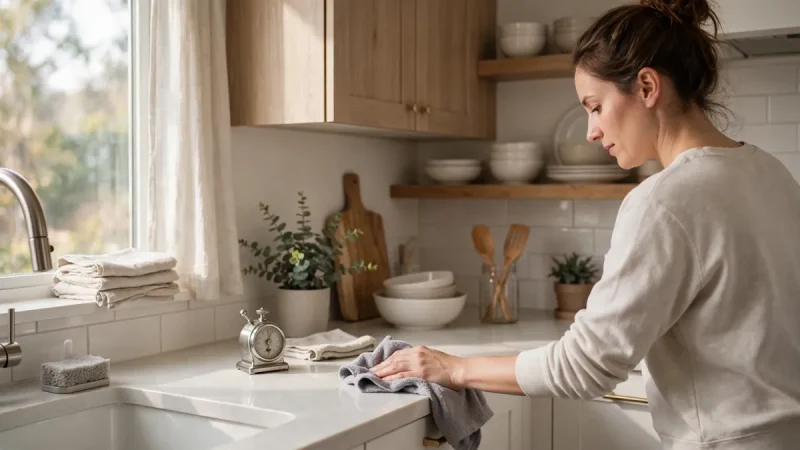 Bright tidy kitchen being wiped down during a weekly house cleaning schedule for beginners daily reset, with a small timer on the counter