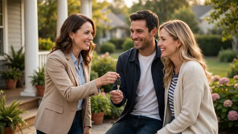 Local real estate agent handing keys to buyers outside their new home, Wendy Wilmot Real Estate guide