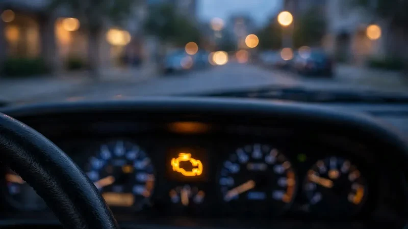 Car dashboard at dusk with an illuminated amber check engine light glowing, showing what the check engine light looks like