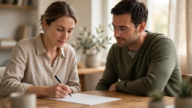 Two adults calmly signing a document at a table with a pen, showing what a power of attorney arrangement looks like in everyday life