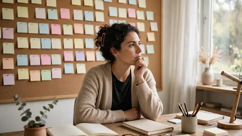 Woman thinking through a problem at a desk covered with blank sticky notes, showing what critical thinking looks like in practice