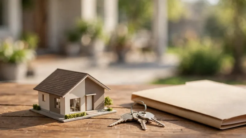 House model and house keys on a wooden table showing what is escrow in real estate for a home purchase