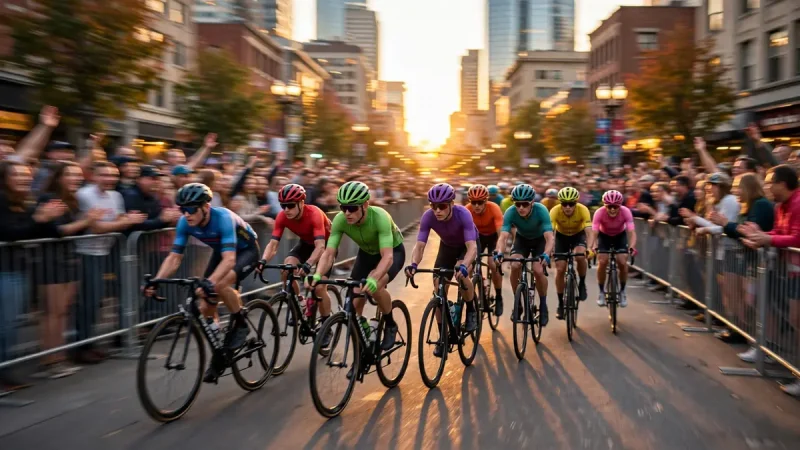 Professional cyclists racing a downtown city circuit in the National Cycling League