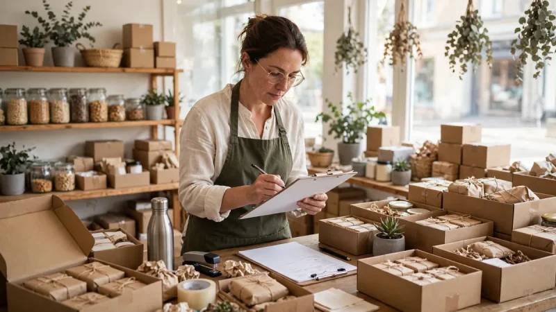 Small business owner checking import invoices and stock after a new trade deal