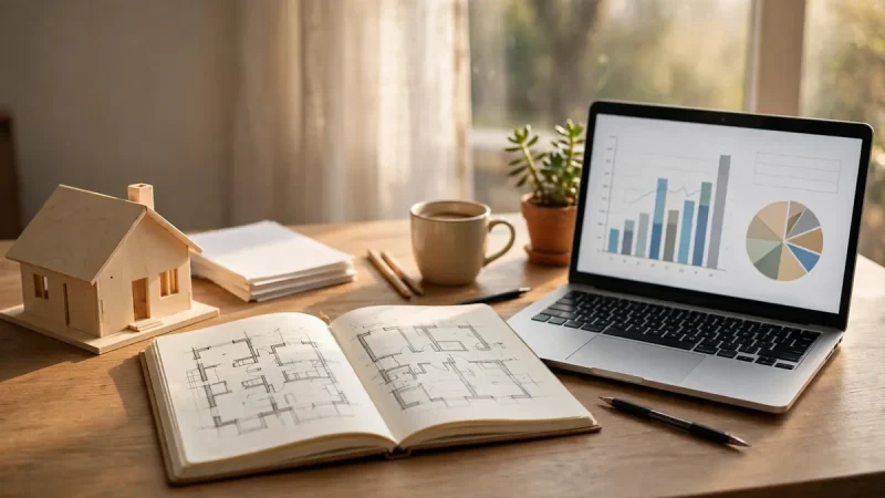 Model house beside a portfolio notebook and laptop, illustrating CanDo and real estate as a balanced investment portfolio pair