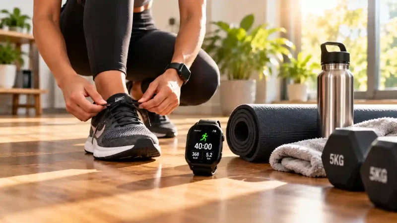 Daily 40-minute exercise routine gear including running shoes and fitness tracker watch