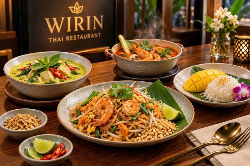 Alt Text: Wirin Thai Restaurant dining table featuring authentic Pad Thai green curry and Tom Yum soup
