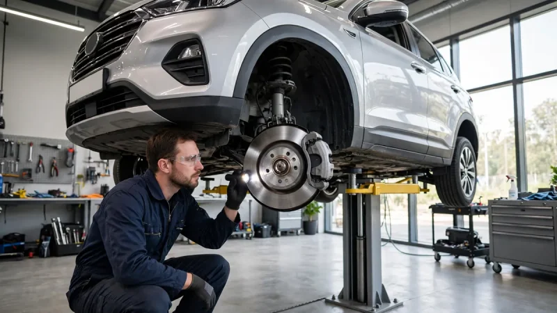 Technician carrying out brake and diagnostic checks during a Woodcrest Auto Service visit