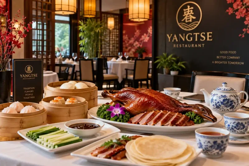 Yangtse Restaurant dining table set with Peking duck and steamed dim sum baskets